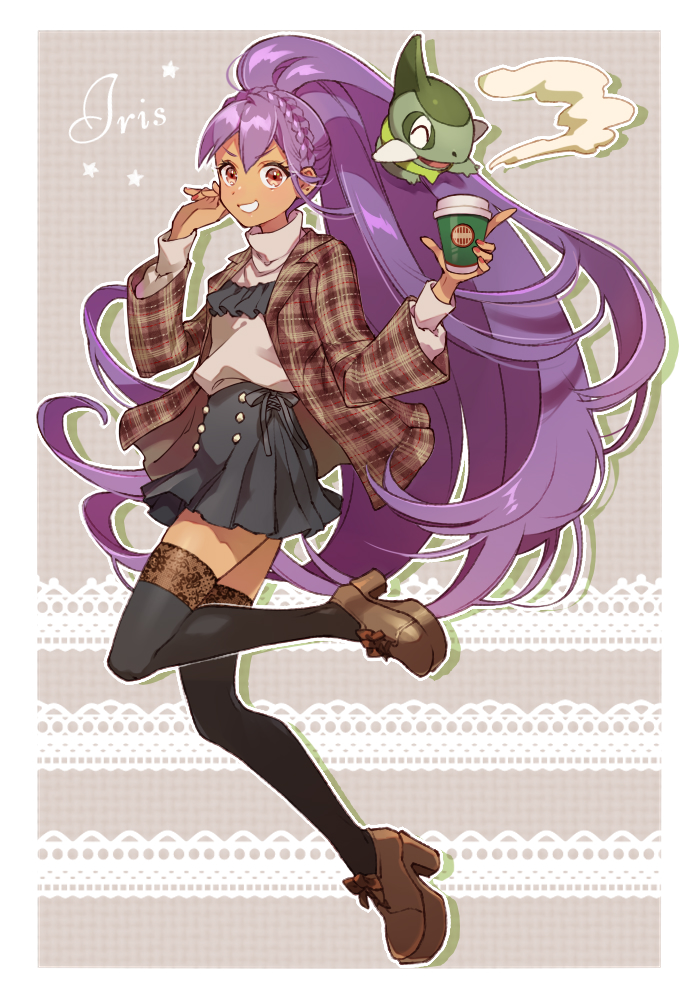 1girl aged_up alternate_costume alternate_hairstyle axew black_thighhighs braid braided_hairband brown_eyes brown_footwear character_name coffee commentary_request crown_braid cup dark-skinned_female dark_skin disposable_cup eyelashes gen_5_pokemon grin hands_up holding inside_hair iris_(pokemon) jacket long_hair long_sleeves looking_at_viewer nintendo open_clothes open_jacket platform_shoes pleated_skirt pokemon pokemon_(anime) pokemon_(creature) pokemon_bw pokemon_bw_(anime) ponytail purple_hair sasairebun shoes skirt smile star_(symbol) steam teeth thighhighs very_long_hair