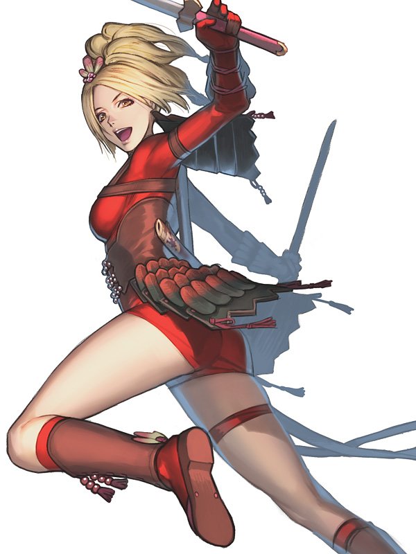 1girl blonde_hair breasts dual_wielding full_body holding looking_at_viewer natsu_(soulcalibur) open_mouth red_shorts sakamoto_mineji shorts simple_background skin_tight smile solo soul_calibur soulcalibur soulcalibur_v sword weapon white_background
