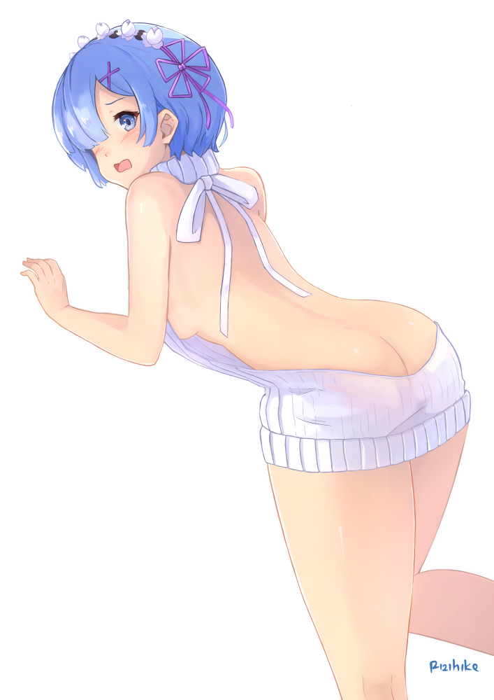 10s 1girl 3: arched_back artist_name ass back backless_dress backless_outfit bare_back bare_shoulders blue_eyes blue_hair blush breasts butt_crack d: dress dutch_angle female_focus hair_ornament hair_over_one_eye hair_ribbon halterneck looking_at_viewer looking_back maid_headdress medium_breasts meme_attire naked_sweater open_mouth purple_ribbon re:zero_kara_hajimeru_isekai_seikatsu rem_(re:zero) ribbed_sweater ribbon rizihike short_hair sideboob signature simple_background solo sweater sweater_dress thighs turtleneck turtleneck_sweater virgin_killer_sweater white_background x_hair_ornament
