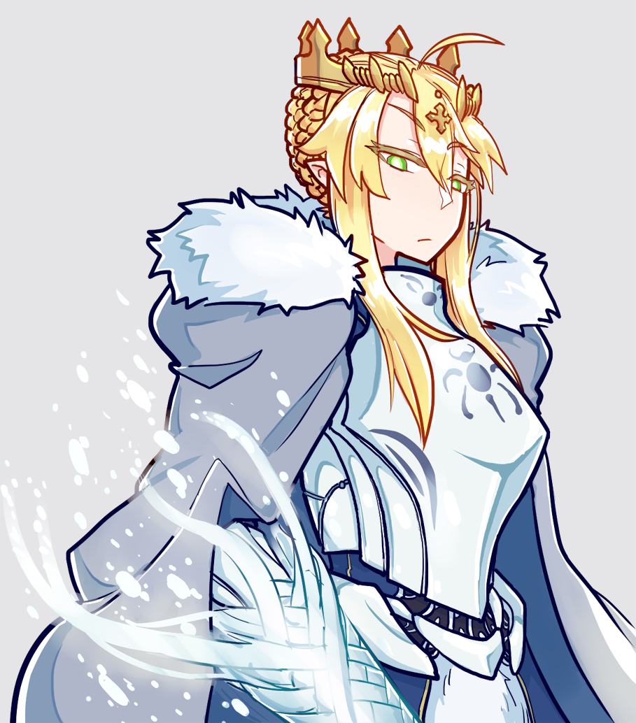 1girl ahoge armor artoria_pendragon_(fate) artoria_pendragon_(lancer)_(fate) blonde_hair braid breastplate cape crown fate/grand_order fate_(series) french_braid fur-trimmed_cape fur_trim green_eyes grey_background grey_cape holding holding_polearm holding_weapon lion_king_(lancer)_(fate) looking_down polearm rhongomyniad_(fate) sidelocks simple_background solo standing tenk weapon