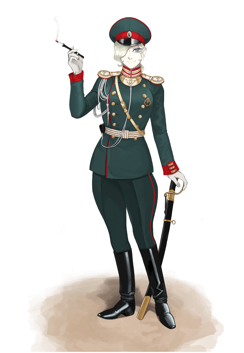 1girl aiguillette badge black_boots blue_eyes boots breasts buttons cigarette cigarette_holder cockade cuffs double-breasted double-headed_eagle ears_visible_through_hair epaulettes full_body gloves gold_buttons gorget green_jacket green_pants hair_over_one_eye hat high_collar highres holding holding_sword holding_weapon holster imperial_russian_army insignia jacket katyusha_(98269886) lanyard looking_at_viewer medal medium_breasts military military_jacket military_uniform mole mole_under_eye original pale_skin pants peaked_cap red_sleeve_cuffs red_trim russia russian_empire saber_(weapon) sash scabbard sheath sheathed short_hair simple_background smile smoke smoking soldier solo standing sword waist_sash wavy_hair weapon white_background white_gloves world_war_i