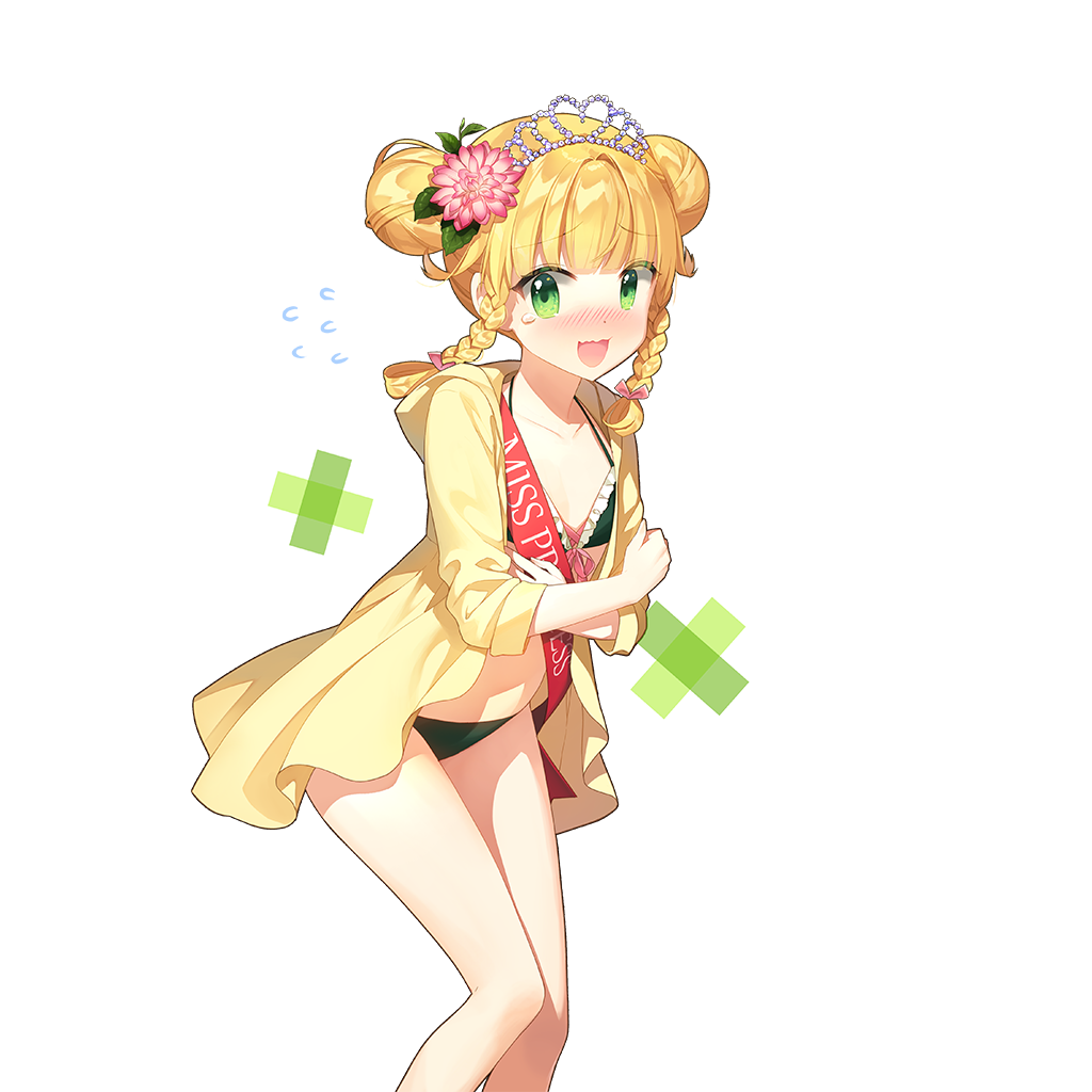 1girl bikini blonde_hair braid double_bun flower green_bikini green_eyes hair_bun hair_flower hair_ornament open_mouth salt_(salty) sapphire_emerald swimsuit tasuki twin_braids twintails uchi_no_hime-sama_ga_ichiban_kawaii white_tiara yellow_cloak