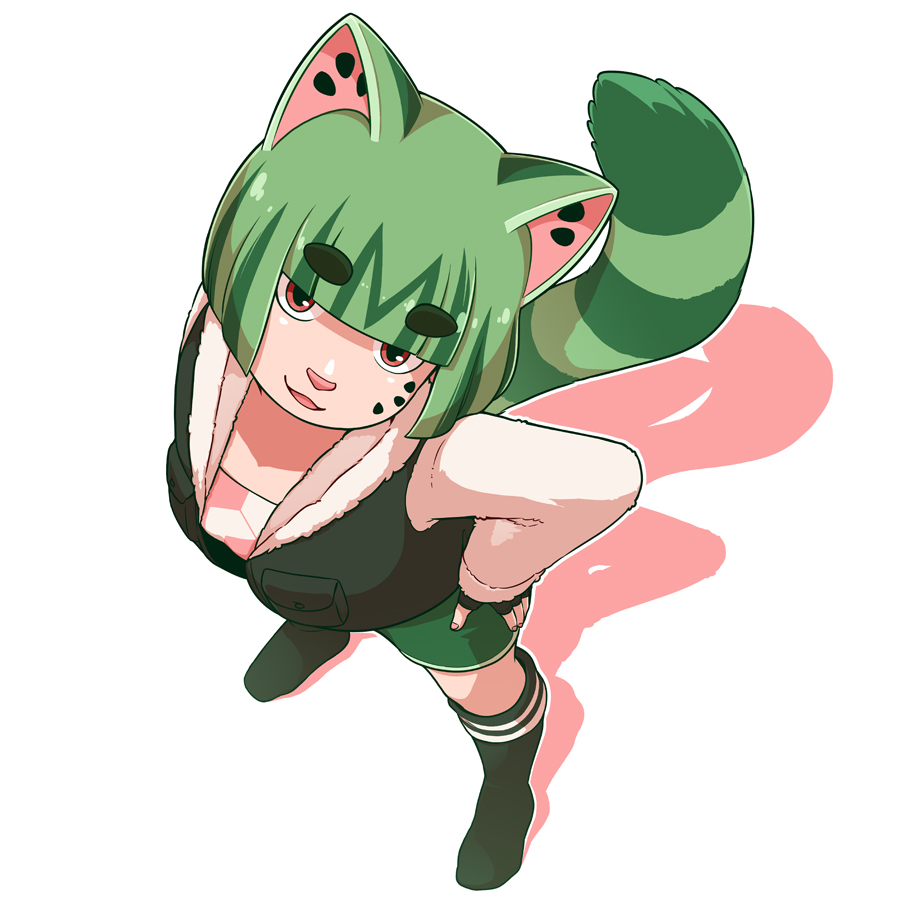 1girl :3 animal_ears blunt_bangs blunt_ends bob_cut breasts cat_ears cat_girl cat_nose cat_tail coat colored_inner_hair colored_shadow dolphin_shorts fingerless_gloves foreshortening from_above full_body fur-trimmed_coat fur-trimmed_sleeves fur_trim gloves green_coat green_hair green_shorts green_socks green_tail hand_on_own_hip indie_virtual_youtuber long_sleeves looking_at_viewer mary_cagle medium_breasts multicolored_hair nail_polish open_mouth original pink_hair pink_nails pink_sports_bra red_eyes shadow short_hair shorts simple_background smile socks solo sports_bra tail two-tone_hair virtual_youtuber white_background