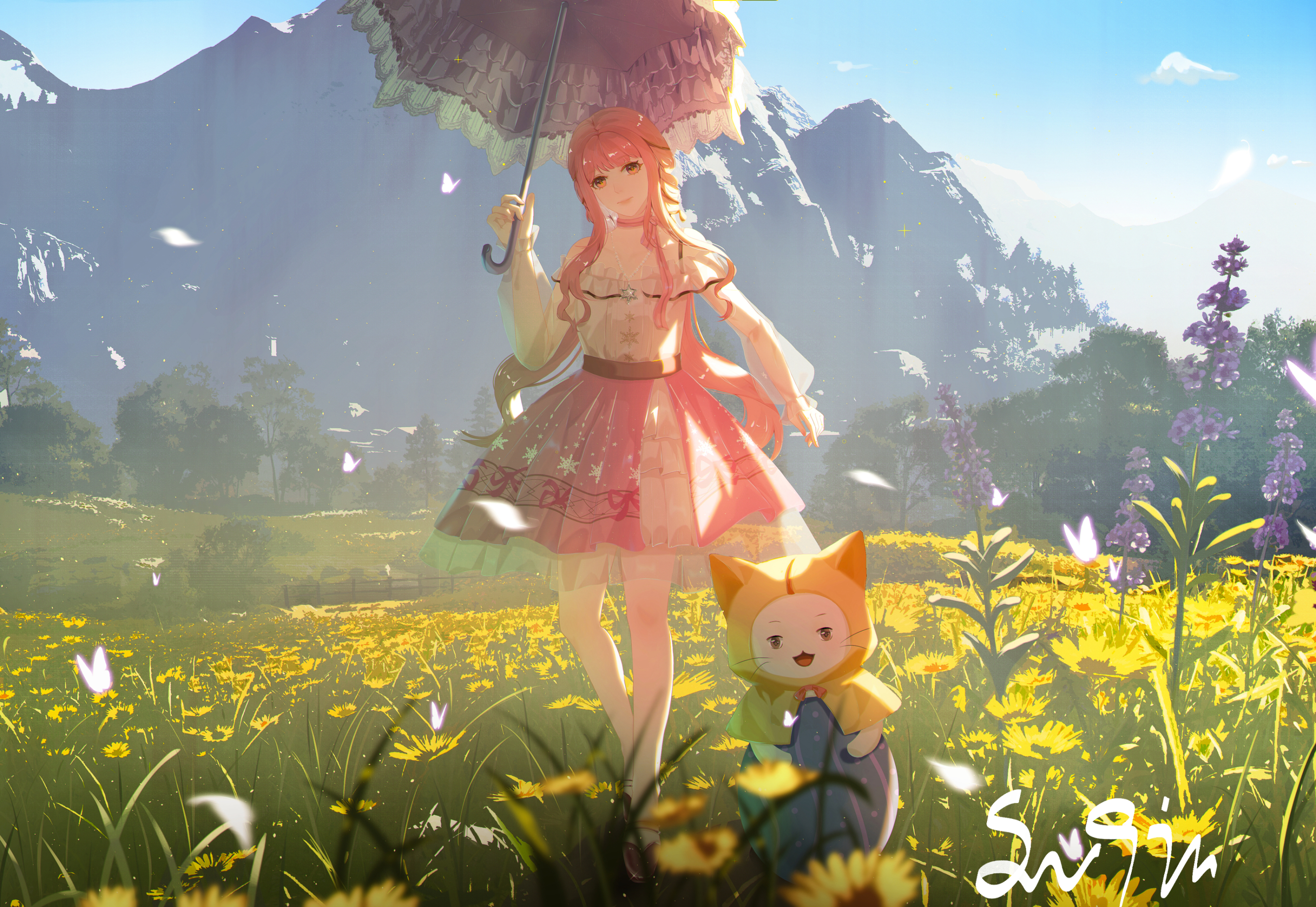 1girl ahoge animal ball bare_legs bare_shoulders belt black_belt black_ribbon blue_sky blunt_bangs bow bow_choker bowtie bra_strap brown_eyes buttons cat choker cloak closed_mouth clothed_animal cloud collarbone ear_covers eyelashes field flower flower_field forest frilled_shirt frilled_skirt frilled_umbrella frills full_body hair_ribbon head_tilt highres holding holding_ball holding_umbrella hood hood_up hooded_cloak infinity_nikki jewelry knees lavender_(flower) layered_skirt lips long_hair long_sidelocks looking_at_viewer low_twintails medium_skirt momo_(nikki) mountain nature necklace nikki_(nikki) nikki_(series) off-shoulder_shirt off_shoulder open_mouth orange_bow orange_bowtie parasol perfect_start_(infinity_nikki) petals pink_bow pink_bowtie pink_choker pink_hair pink_lips pink_ribbon pink_skirt pleated_skirt purple_flower purple_umbrella ribbon scenery see-through_skirt_layer shadow shirt sidelocks signature single_stripe skirt sky smile snowflake_print snowflakes standing star_(symbol) star_necklace striped_bow striped_bowtie striped_choker striped_clothes sunflower suqiu tress_ribbon twintails umbrella very_long_hair wavy_hair whiskers white_cat white_shirt white_skirt yellow_cloak yellow_flower