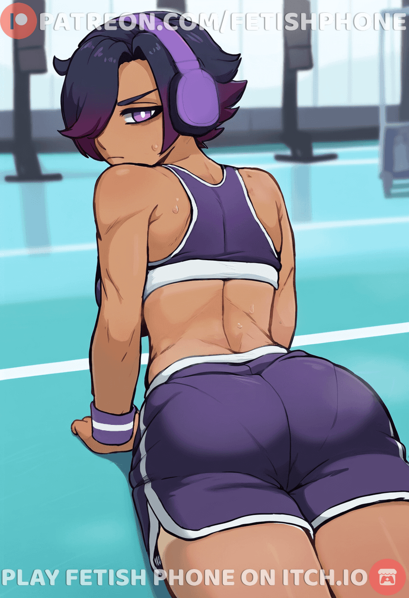 1girl abs ai-assisted architectdev ass breasts dark-skinned_female dark_skin exercising fetish_phone from_behind game_cg gradient_hair gym gym_shorts hair_over_one_eye headphones highres legs lying multicolored_hair muscular muscular_female original patreon_logo patreon_username purple_eyes purple_hair push-ups self-upload short_hair shorts skinny solo sports_bra sweat thick_thighs thighs tomboy watermark wristband