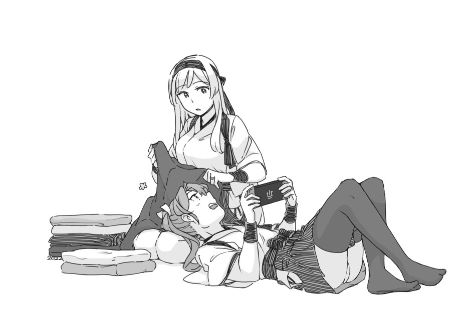 2022 2girls annoyed bracer crossed_legs folded_clothes folding_clothes greyscale hakama hakama_short_skirt hakama_skirt headband japanese_clothes jewelry kantai_collection kneeling lap_pillow looking_at_another looking_down looking_up lying monochrome multiple_girls nintendo_switch on_back open_mouth panties pantyshot playing_games ring shoukaku_(kancolle) simple_background sketch skirt tasuki thighhighs twintails underwear weidashming white_background zuikaku_(kancolle)