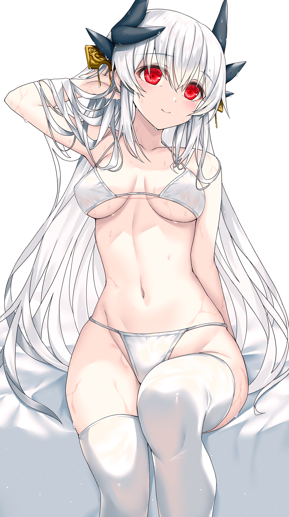 1girl bikini blush breasts cleavage closed_mouth dragon_girl dragon_horns fate/grand_order fate_(series) hair_ornament hand_in_own_hair highres horns kiyohime_(fate) kiyohime_(third_ascension)_(fate) long_hair looking_at_viewer medium_breasts morizono_shiki red_eyes sitting smile solo swimsuit thighhighs thighs underwear wet white_bikini white_hair white_thighhighs