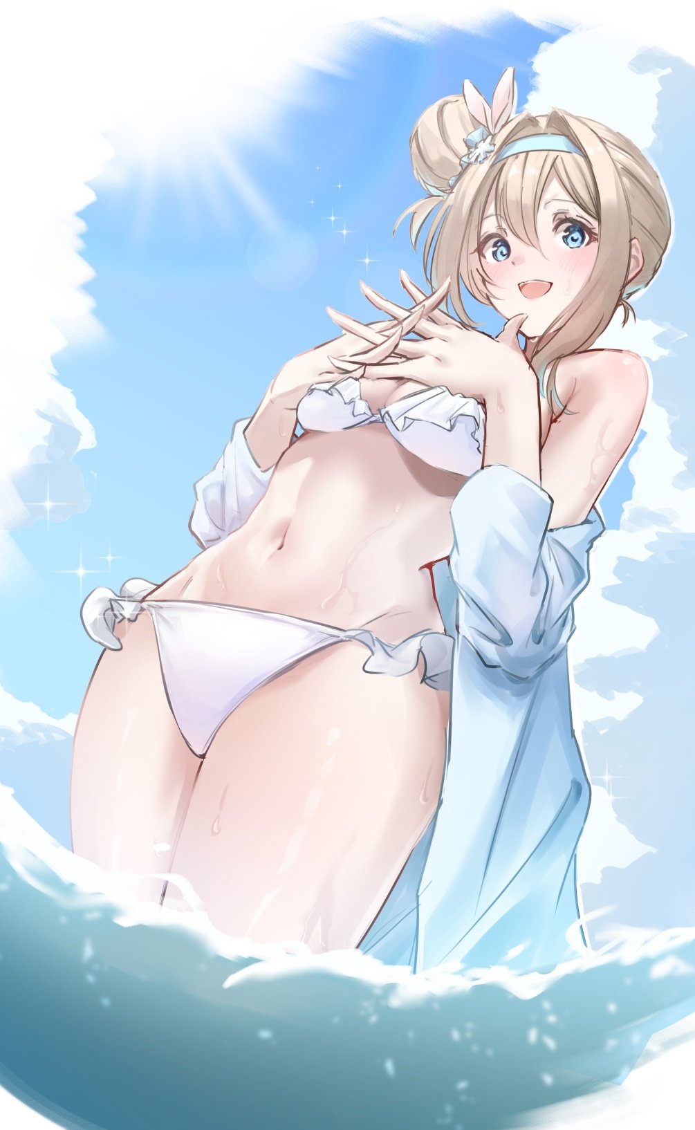 1girl bikini blonde_hair blue_eyes blue_hairband blue_sky breasts cloud commentary day frilled_bikini frills girls&#039;_frontline hair_between_eyes hair_bun hair_intakes hairband highres linea_alba medium_breasts navel open_mouth partially_submerged sky solo suomi_(girls&#039;_frontline) swimsuit wano117_wa water white_bikini