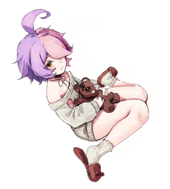1girl ahoge animal_slippers bear_slippers benghuai_xueyuan brown_eyes brown_slippers closed_mouth dress full_body hair_over_one_eye honkai_(series) long_sleeves multicolored_hair off-shoulder_sweater off_shoulder pink_hair puffy_long_sleeves puffy_sleeves purple_hair ribbed_legwear ribbed_sweater simple_background sin_mal sin_mal0909 sitting sleeves_past_wrists slippers socks solo stuffed_animal stuffed_toy sweater sweater_dress teddy_bear two-tone_hair wariza white_background white_socks white_sweater