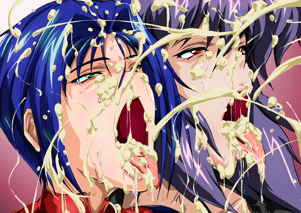 2girls banpresto blue_hair bukkake cum cum_in_mouth cum_on_body cum_on_tongue cumdrip d-stop facial ghost_in_the_shell gokkun kusanagi_motoko multiple_girls open_mouth purple_hair saliva super_robot_wars tongue tongue_out viletta_vadim wet