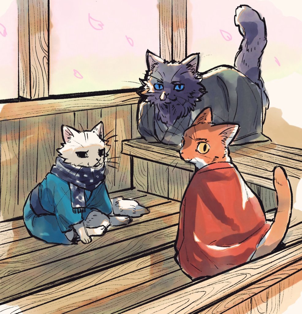amemasu79 animal animal_focus animalization blue_scarf character_request emiya_kiritsugu emiya_shirou fate/stay_night fate/zero fate_(series) kotomine_kirei looking_at_viewer rasputin_(fate) scarf table tail_raised whistle wooden_table