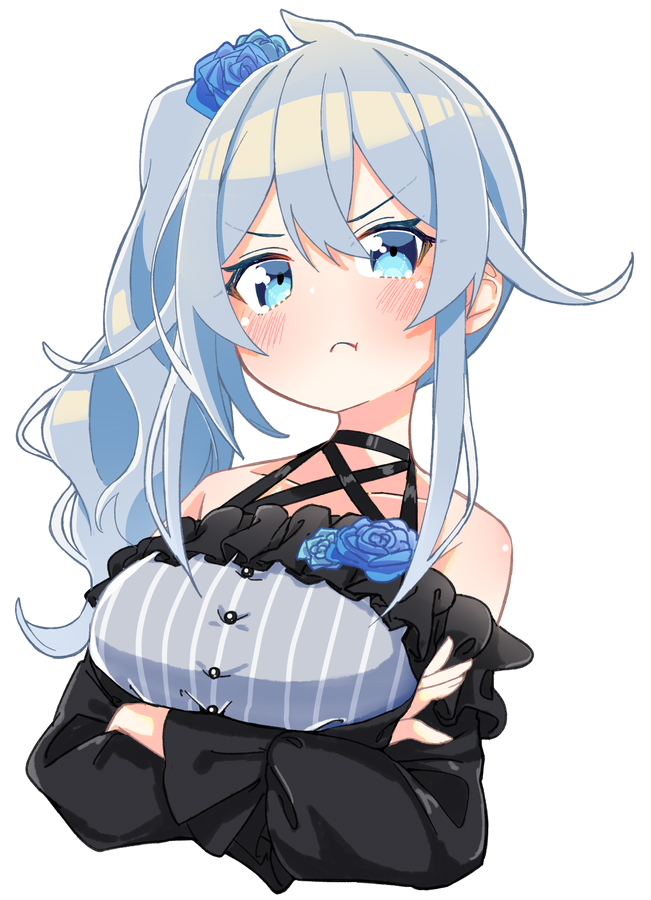 :t arms_under_breasts bare_shoulders black_dress black_straps blue_eyes blue_flower blue_hair blue_rose blue_scrunchie blush breasts cropped_torso crossed_arms dress flower grey_dress hair_between_eyes inaka_keikou lace large_breasts layered_dress nijisanji open_clothes pleated_dress pout puffy_sleeves rose scrunchie side_ponytail strap striped_clothes striped_dress vertical-striped_clothes vertical-striped_dress virtual_youtuber white_background yukishiro_mahiro yukishiro_mahiro_(3rd_costume)