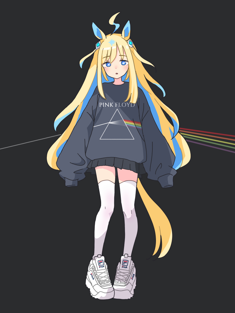 1girl ahoge alternate_costume animal_ears black_background black_skirt black_sweater blonde_hair blue_eyes blue_hair clothes_writing colored_inner_hair dark_side_of_the_moon fila full_body horse_ears horse_girl horse_tail long_hair long_sleeves looking_at_viewer multicolored_hair neo_universe_(umamusume) ooishi_oil parody pink_floyd pleated_skirt prism rainbow shoes simple_background skirt sleeves_past_fingers sleeves_past_wrists sneakers solo sweater tail thighhighs two-tone_hair umamusume vanishing_point white_shoes white_thighhighs