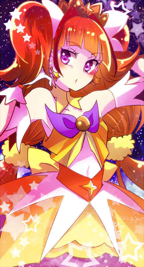 1girl amanogawa_kirara blush brown_hair choker cure_twinkle earrings female_focus go!_princess_precure jewelry katsuragi_atori long_hair low-tied_long_hair magical_girl precure purple_eyes quad_tails skirt solo star_(symbol) star_earrings twintails yellow_skirt
