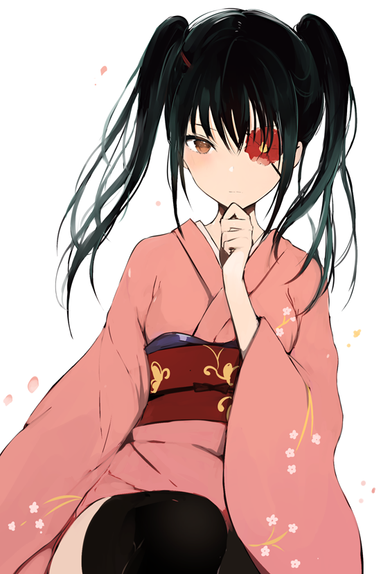 1girl bad_id bad_tumblr_id black_hair black_thighhighs blush closed_mouth cowboy_shot expressionless eyepatch female_focus floral_print flower_eyepatch gintama hand_on_own_chin japanese_clothes kimono long_sleeves looking_at_viewer lpip obi orange_eyes petals sash short_twintails sidelocks sitting solo thighhighs thighs thinking twintails wide_sleeves yagyuu_kyuubei zettai_ryouiki