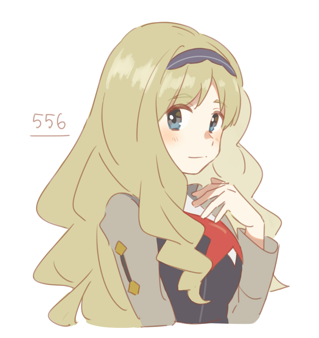 1girl arm_up blonde_hair blue_eyes blush breasts closed_mouth commentary_request darling_in_the_franxx female_focus from_side grey_hairband hair_ornament hairband kokoro_(darling_in_the_franxx) long_hair long_sleeves looking_at_viewer military military_uniform smile solo unapoppo upper_body