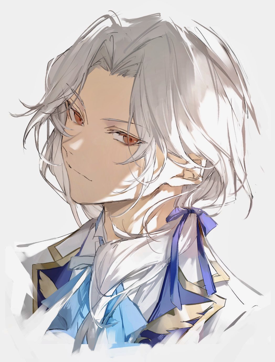 1boy closed_mouth ensemble_stars! hair_ribbon head_tilt highres jacket long_hair looking_at_viewer low_ponytail male_focus nozz177 parted_bangs ponytail portrait purple_ribbon ran_nagisa red_eyes ribbon sidelighting simple_background solo white_hair white_jacket