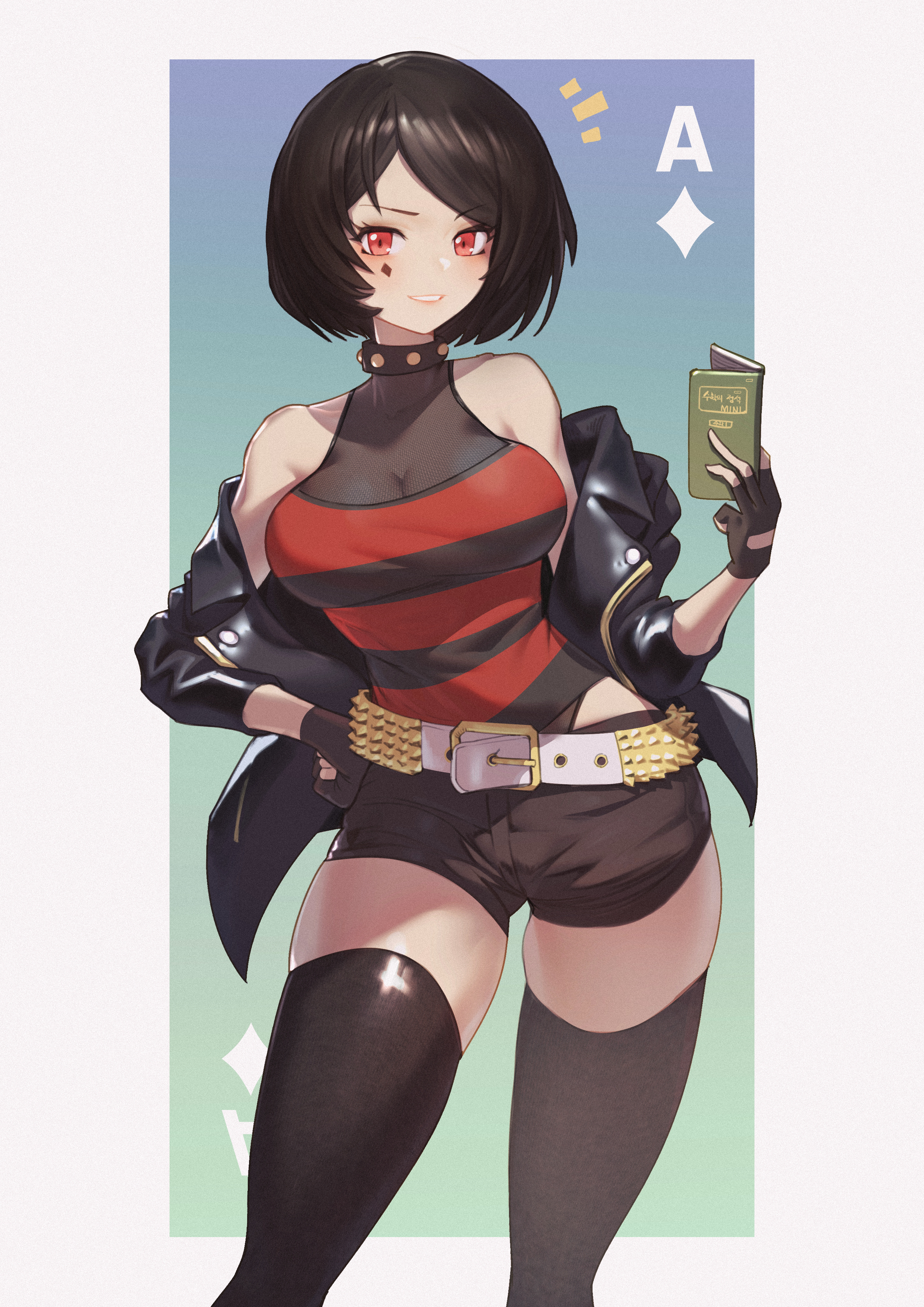 1girl absurdres alternate_costume bare_shoulders belt black_collar black_gloves black_hair black_jacket black_shorts black_thighhighs bob_cut breasts cleavage collar dark_persona facial_mark fingerless_gloves gloves hand_on_own_hip highres holding holding_notebook huge_filesize jacket jin_rou korean_commentary korean_text large_breasts looking_at_viewer loose_belt notebook off_shoulder open_clothes open_jacket parted_bangs parted_lips red_eyes semi_(ebs) semi_wa_magic_cube shirt short_hair short_shorts shorts skindentation sleeveless sleeveless_shirt smile solo striped_clothes striped_shirt studded_collar thighhighs