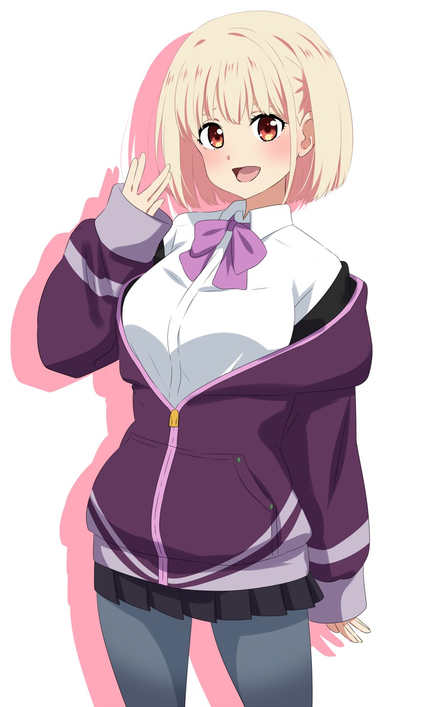 1girl :d black_pantyhose black_skirt blonde_hair blush bob_cut bow bowtie breasts collared_shirt commentary cosplay cowboy_shot dars_(recolors) gridman_universe hand_up highres jacket large_breasts long_sleeves look-alike looking_at_viewer lycoris_recoil miniskirt nishikigi_chisato off_shoulder open_mouth pantyhose partially_unzipped pleated_skirt purple_bow purple_bowtie purple_jacket red_eyes salute shinjou_akane shinjou_akane_(cosplay) shirt short_hair skirt sleeves_past_wrists smile solo ssss.gridman vulcan_salute white_background white_shirt zipper_pull_tab