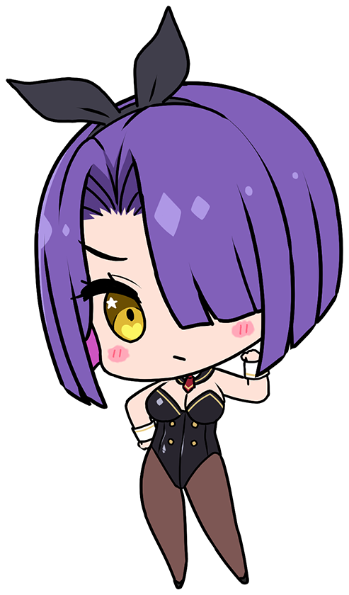 1girl :/ animal_ear_hairband animal_ears arm_up black_leotard black_pantyhose blush bob_cut bow bowtie breasts chibi chibi_only cleavage colored_inner_hair covered_navel deformed derauea detached_collar fake_animal_ears game_cg giltia_lu_dorud hair_over_one_eye hairband hand_on_own_hip highleg highleg_leotard large_breasts leotard looking_at_viewer motto!_haramase!_honoo_no_oppai_isekai_oppai_bunny_gakuen! multicolored_hair non-web_source official_art pantyhose pink_hair playboy_bunny purple_hair rabbit_ear_hairband rabbit_ears solo star_(symbol) star_in_eye strapless strapless_leotard symbol_in_eye two-tone_hair white_wrist_cuffs wrist_cuffs yellow_eyes