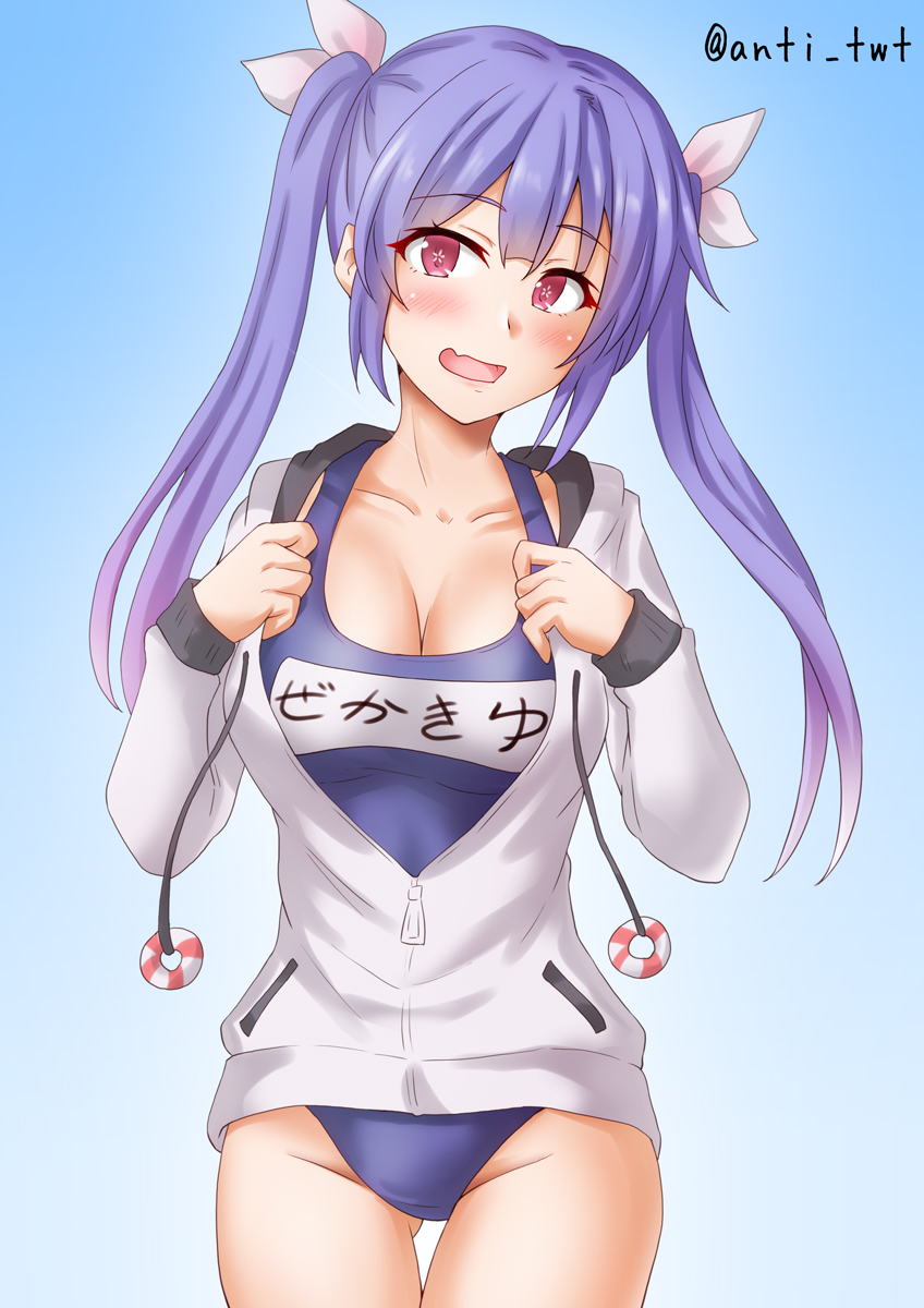 1girl alternate_costume anti_(untea9) blue_background blue_hair blush breasts collarbone cosplay cowboy_shot flower-shaped_pupils gluteal_fold gradient_background hair_ribbon highres i-19_(kancolle) jacket kantai_collection large_breasts long_hair looking_at_viewer name_tag one-piece_swimsuit open_mouth red_eyes ribbon school_swimsuit smile solo swimsuit swimsuit_under_clothes symbol-shaped_pupils track_jacket tri_tails twintails twitter_username yukikaze_(kancolle) yukikaze_(kancolle)_(cosplay) yukikaze_(swimsuit)_(kancolle)