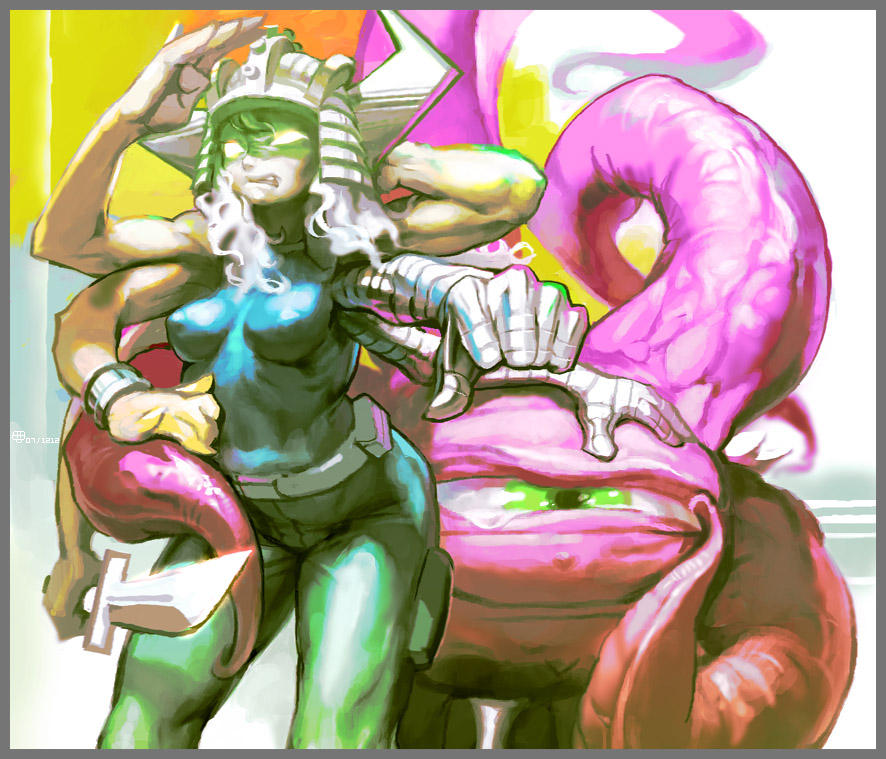 10s 1girl bandages belt belt_pouch bodysuit breasts capcom covered_erect_nipples extra_arms fake_horns female_focus glowing glowing_eyes green_eyes helmet horned_helmet horns hug kawaguchi_youhei long_hair marvel marvel_vs._capcom marvel_vs._capcom_2 monster extra_arms multi_limb one-eyed pouch shuma_gorath skin_tight spiral_(marvel) sword tentacles toned toned_female weapon white_hair wristband x-men x-men:_children_of_the_atom