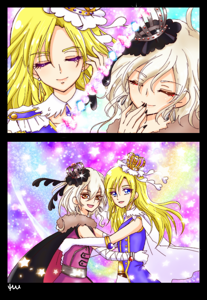 10s 2boys bad_id bad_pixiv_id bicine_(precure) black_nails blonde_hair crown fingernails fur_trim gem henshin highres holding_hands hugtto!_precure long_fingernails long_hair magical_boy male_focus multiple_boys nail_polish parody precure reira_(reomimi0211) smile wakamiya_henri