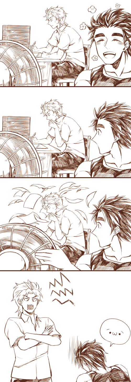 2boys 4koma :3 bad_id bad_pixiv_id chair collarbone collared_shirt comic crossed_arms dio_brando electric_fan closed_eyes flower highres jojo_no_kimyou_na_bouken jonathan_joestar male_focus monochrome multiple_boys open_mouth paper pen screaming shirt shuntaro_(syun_gaomu) sitting smile sweat writing