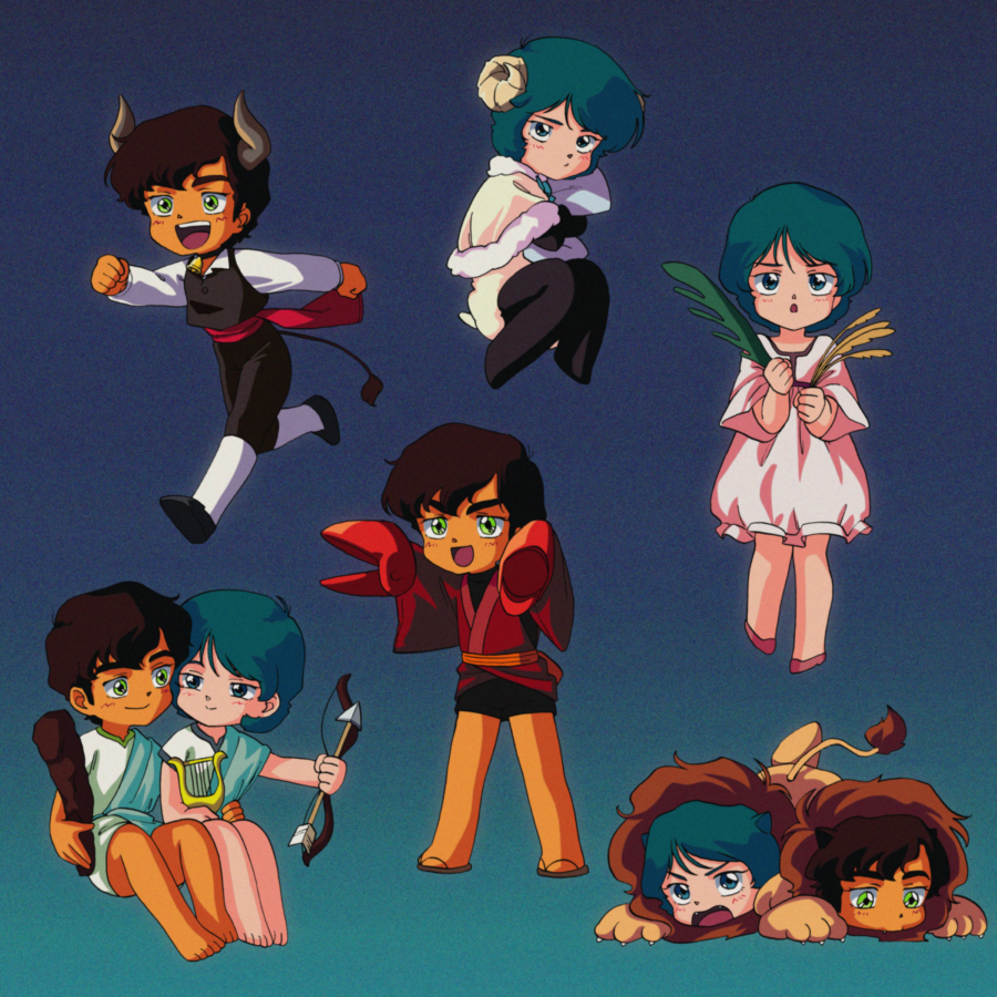 1980s_(style) 2boys :d animal_costume animal_ears aries_(zodiac) arm_around_waist arrow_(projectile) barefoot bell black_shorts black_vest blue_background blue_eyes blue_hair blush bow_(weapon) brown_footwear brown_hair cancer_(zodiac) capelet chibi closed_mouth collared_shirt cow_boy cow_horns cow_tail cowbell crab_claw curled_horns dark-skinned_male dark_skin dress fangs film_grain full_body fur-trimmed_capelet fur_trim gemini_(zodiac) gradient_background green_eyes gundam gundam_zz hasemil horns hugging_object instrument judau_ashta kamille_bidan knees_apart_feet_together knees_together_feet_apart legs_together leo_(zodiac) lion lion_costume lion_ears lion_tail looking_at_another looking_at_viewer lyre male_focus multiple_boys multiple_views neck_bell oldschool open_mouth pillow pillow_hug red_footwear red_sash retro_artstyle robe sandals sash sheep_boy sheep_horns shirt shoes short_hair short_sleeves shorts sitting smile standing tail taurus_(zodiac) thick_eyebrows toga vest virgo_(zodiac) weapon wheat white_dress white_robe white_shirt wide_sleeves yaoi yellow_capelet zeta_gundam zodiac