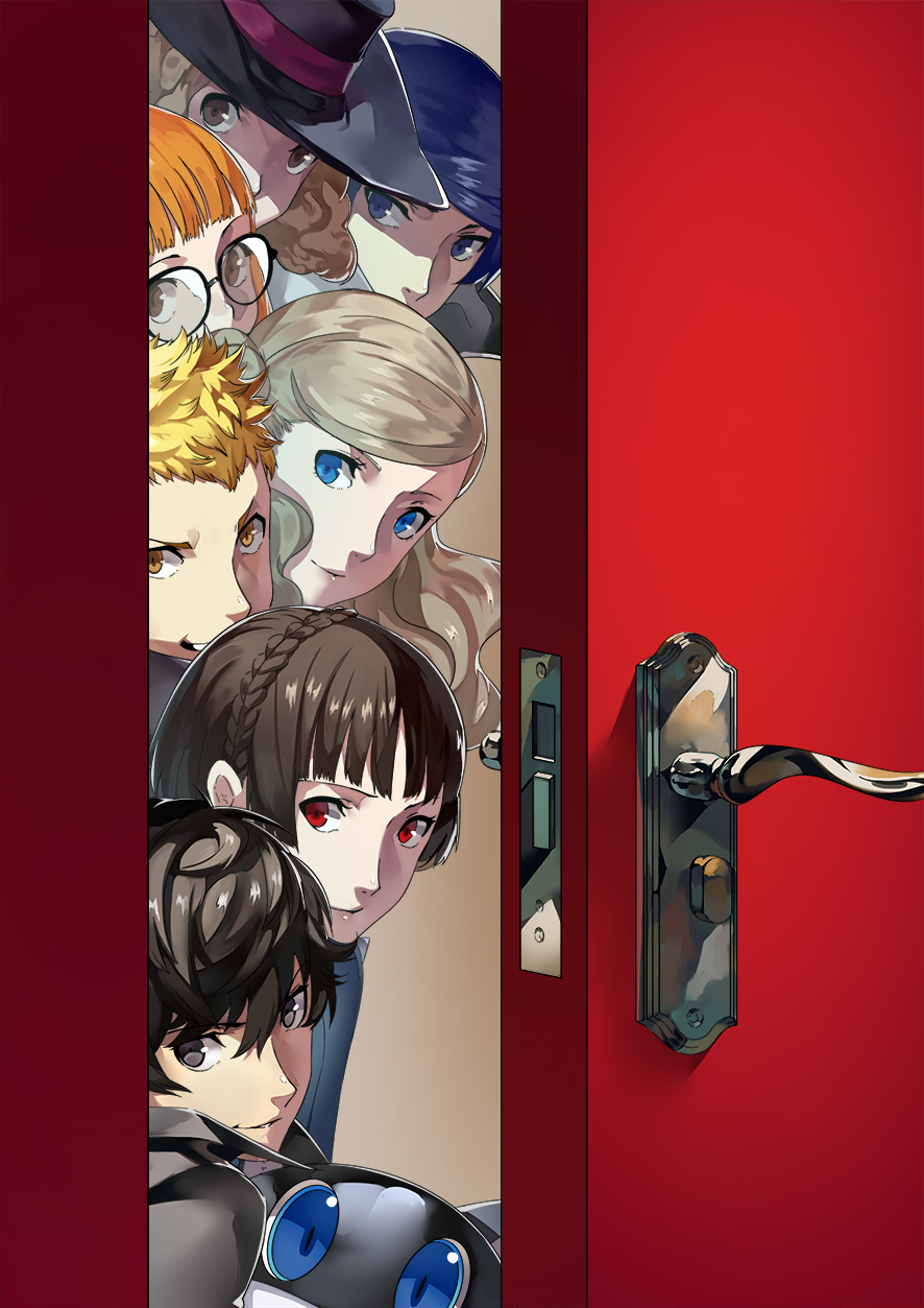 10s 4boys 4girls amamiya_ren around_corner bad_id bad_pixiv_id black_hair blonde_hair blue_eyes blue_hair braid brown_eyes brown_hair club3 crown_braid door door_handle doorway fox_(persona_5) glasses graphite_(medium) hat highres joker_(persona_5) kitagawa_yuusuke long_hair looking_at_viewer morgana_(persona_5) multiple_boys multiple_girls niijima_makoto noir_(persona_5) okumura_haru oracle_(persona_5) orange_hair panther_(persona_5) peeking persona persona_5 queen_(persona_5) red_eyes sakamoto_ryuuji sakura_futaba short_hair skull_(persona_5) smile takamaki_anne traditional_media twintails yellow_eyes