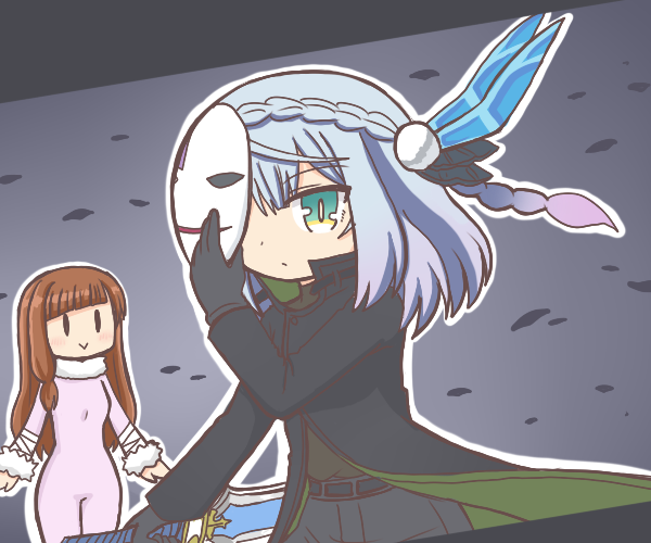 2girls :&gt; alternate_costume awane_kokoro bad_id bad_pixiv_id black_coat black_pants blue_eyes blue_hair braid brown_hair closed_mouth coat commentary_request cowboy_shot expressionless holding holding_mask kagami_masara long_hair long_sleeves looking_at_viewer magia_record:_mahou_shoujo_madoka_magica_gaiden mahou_shoujo_madoka_magica mask multiple_girls outline pants reverse_(bluefencer) smile solid_oval_eyes standing sweater white_outline