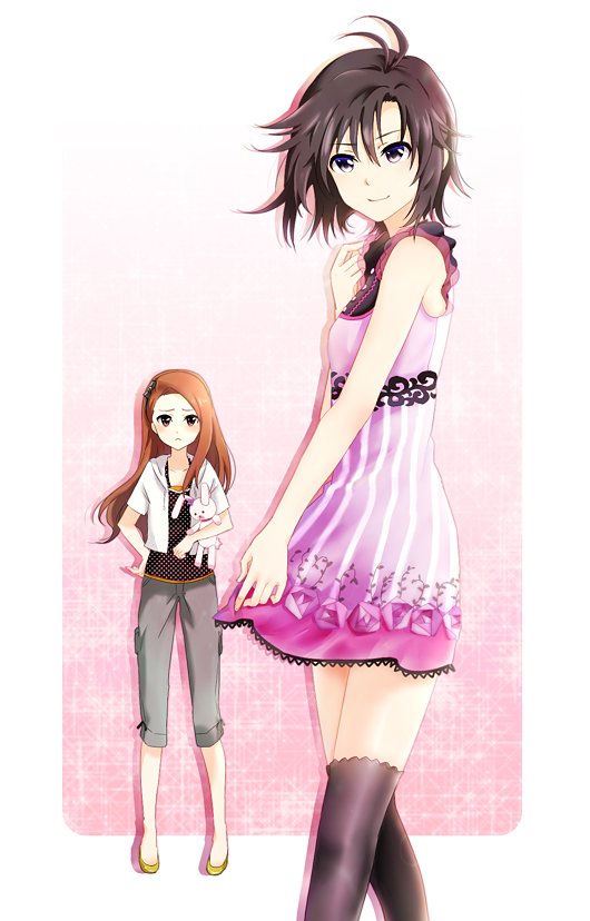 2girls antenna_hair bad_id bad_pixiv_id black_eyes black_hair black_hairband black_legwear black_shirt brown_hair closed_mouth collarbone cosplay costume_switch dress floating_hair floral_print frown grey_pants hair_between_eyes hairband hand_on_own_hip holding holding_stuffed_toy idolmaster idolmaster_(classic) jacket kaho_(ramb) kikuchi_makoto kikuchi_makoto_(cosplay) long_hair looking_at_viewer minase_iori minase_iori_(cosplay) multiple_girls mutual_cosplay open_clothes open_jacket pants pink_dress print_dress shirt short_dress short_hair short_sleeves sleeveless sleeveless_dress smile standing striped_clothes striped_dress stuffed_animal stuffed_toy thighhighs vertical-striped_clothes vertical-striped_dress white_background white_jacket zettai_ryouiki