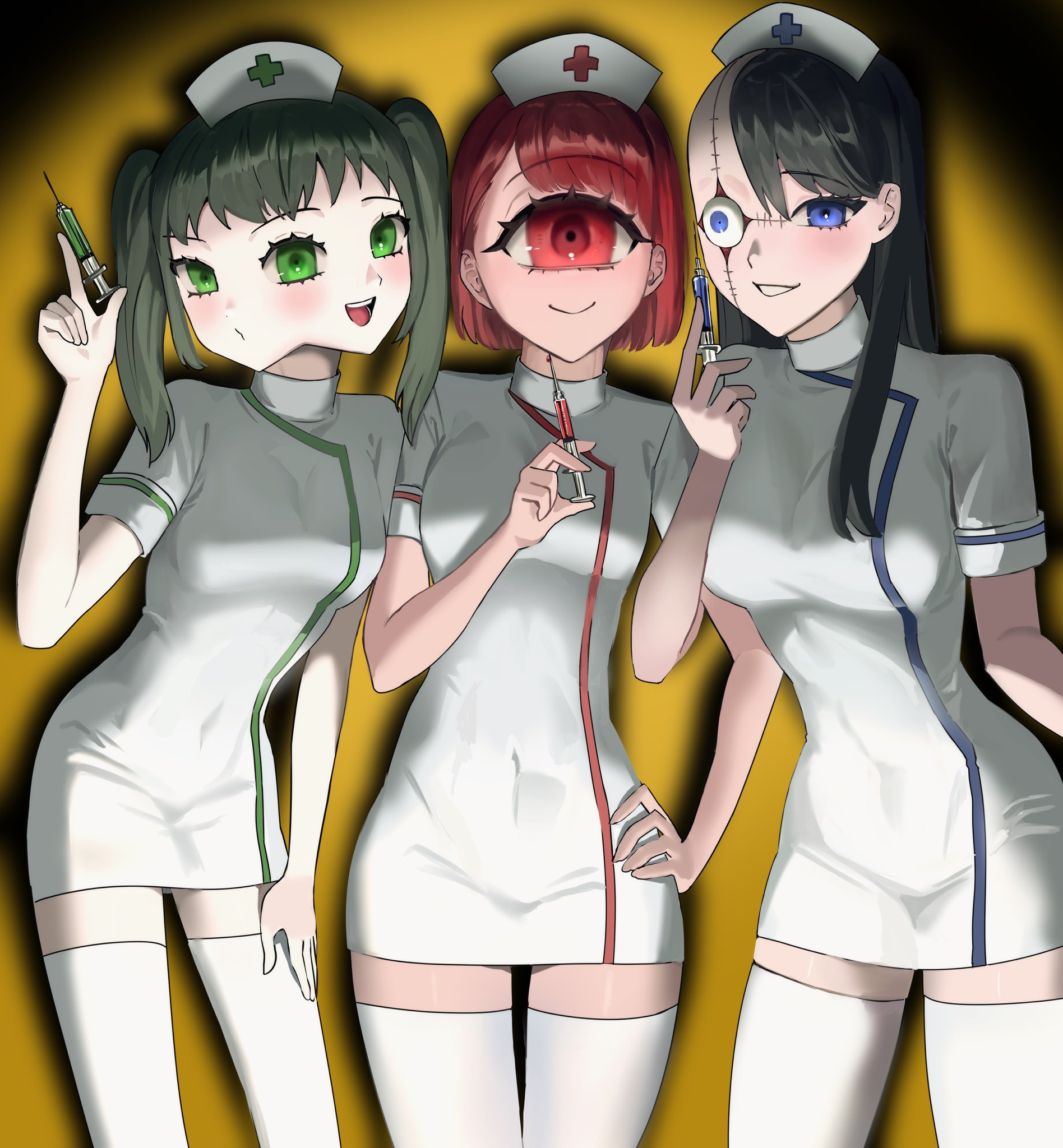3girls asymmetrical_hair black_hair blush cyclops dress green_eyes green_hair grin haem_yang hand_on_own_thigh hat highres holding holding_syringe ichigou_(ikigusare) ikigusare long_hair multiple_faces multiple_girls nigou_(ikigusare) nurse nurse_cap one-eyed open_mouth red_hair sangou_(ikigusare) short_dress short_sleeves sidecut skin_tight smile stitched_face stitches syringe thigh_gap thighhighs twintails undercut yellow_background zettai_ryouiki