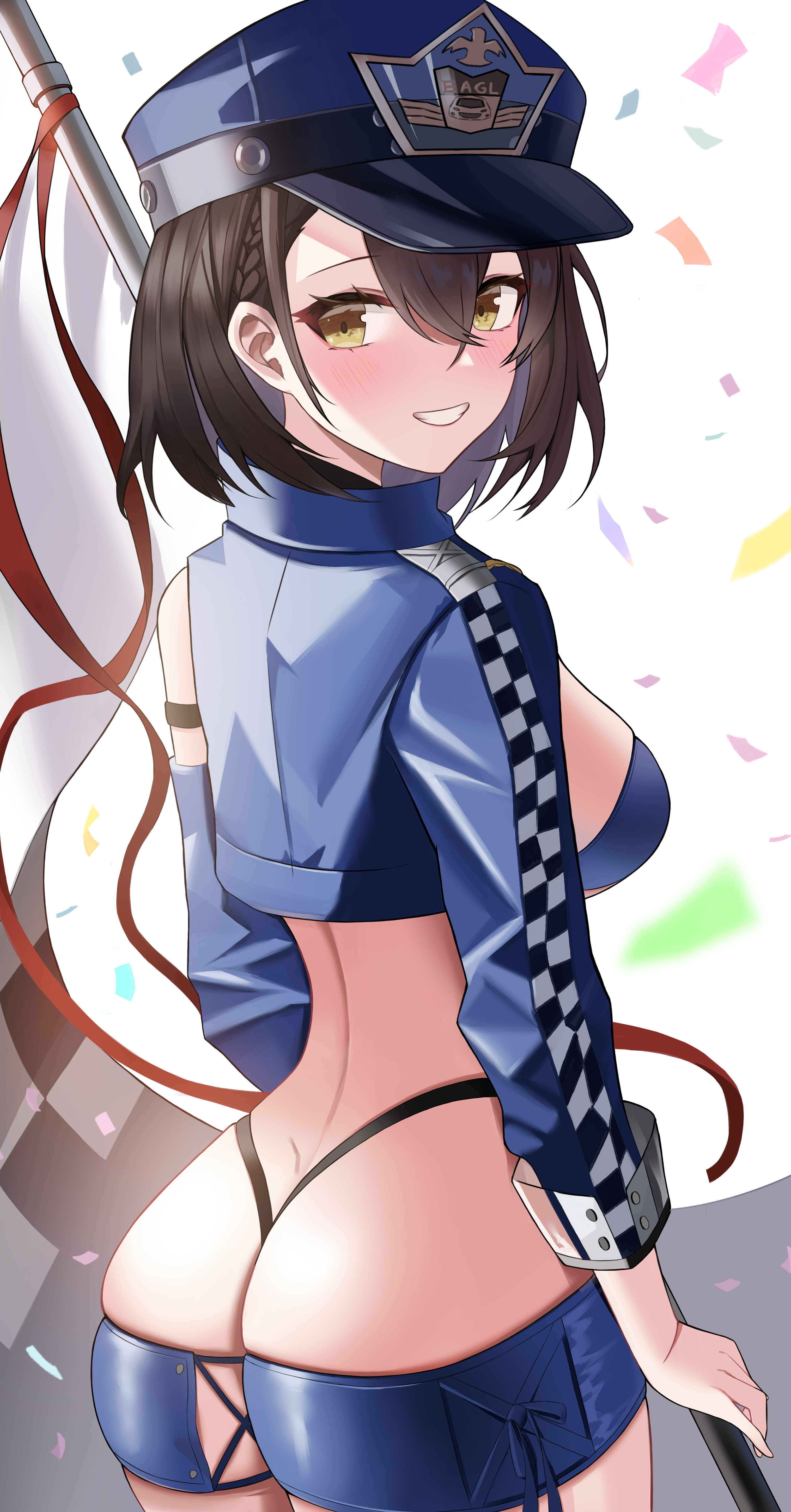 1girl absurdres ass azur_lane baltimore_(azur_lane) baltimore_(finish_line_flagbearer)_(azur_lane) bikini blue_bikini blue_headwear blue_jacket braid breasts brown_hair cropped_jacket flag from_behind hat highres holding holding_flag jacket looking_back medium_breasts micro_shorts official_alternate_costume peaked_cap race_queen short_hair shorts swimsuit wynnblue yellow_eyes