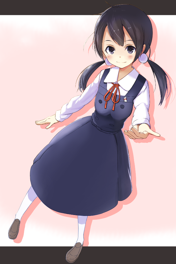 10s 1girl black_hair blue_eyes female_focus kitashirakawa_tamako long_hair low_twintails pantyhose school_uniform solo tamako_market tsuru_(tsubasa1993621) twintails
