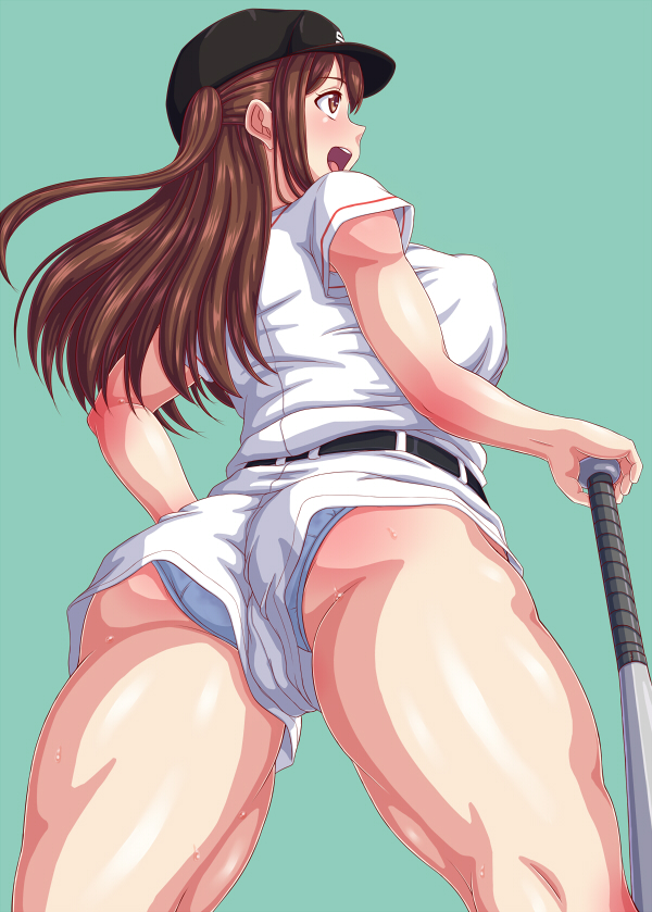 1girl ass baseball_bat baseball_cap breasts brown_eyes brown_hair covered_erect_nipples from_behind gluteal_fold green_background hat huge_breasts long_hair looking_afar open_mouth panties panty_peek simple_background smile solo sweat takeda_yomi tamayomi tenrai_(temple) thick_thighs thighs underwear upshorts