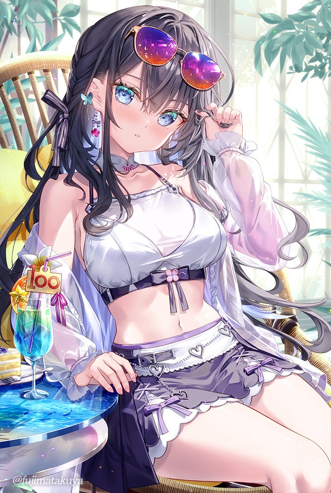 1girl bendy_straw black_hair blue_eyes braid breasts chair commentary_request crop_top cup day drink drinking_glass drinking_straw eyewear_on_head fujima_takuya grey_shorts hair_between_eyes jacket long_hair long_sleeves looking_at_viewer medium_breasts midriff nail_polish navel off_shoulder on_chair open_clothes open_jacket original parted_lips pink_nails puffy_long_sleeves puffy_sleeves purple-tinted_eyewear see-through_clothes shorts sitting solo sunglasses tinted_eyewear very_long_hair