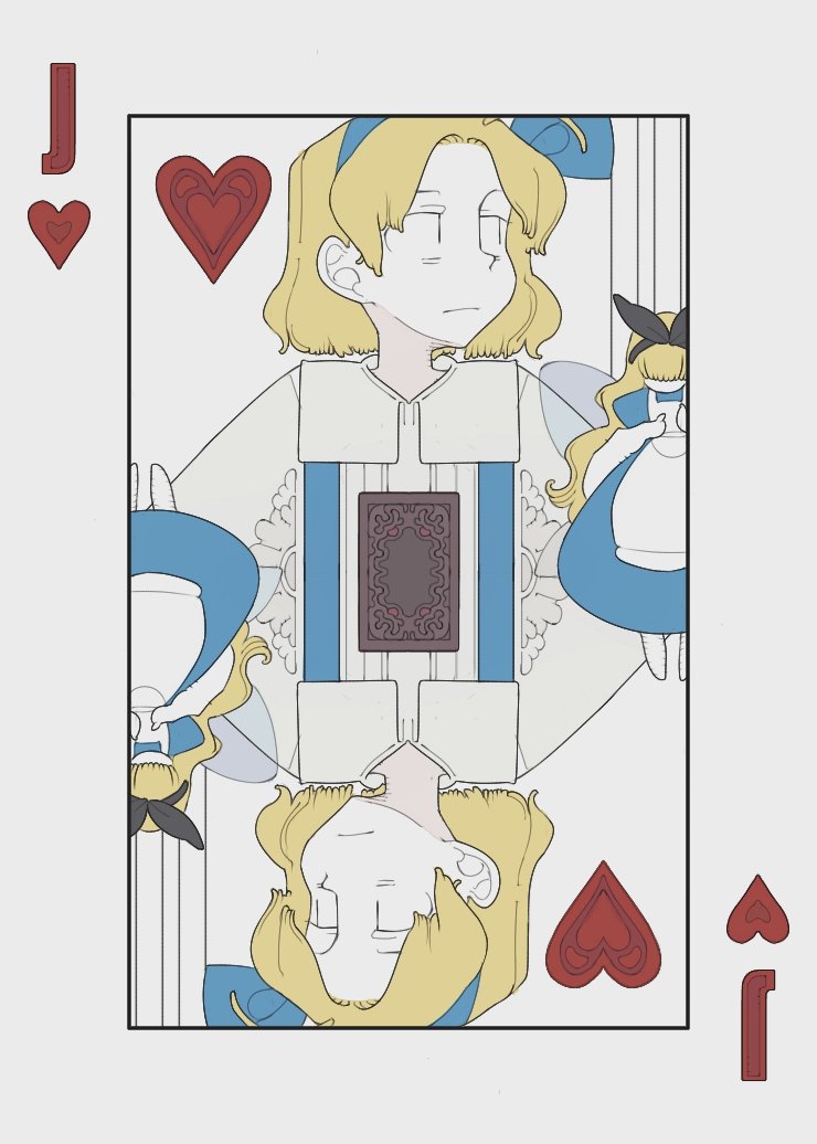 1girl alice_(alice_in_wonderland) alice&#039;s_adventures_in_wonderland alice_margatroid alice_margatroid_(pc-98) black_headwear blonde_hair blue_hairband blue_headwear bolos bow card dress hair_bow hair_ornament hair_ribbon hairband heart jack_(playing_card) jack_of_hearts long_hair marionette playing_card puppet puppet_strings ribbon shirt short_hair suspenders touhou touhou_(pc-98) wings