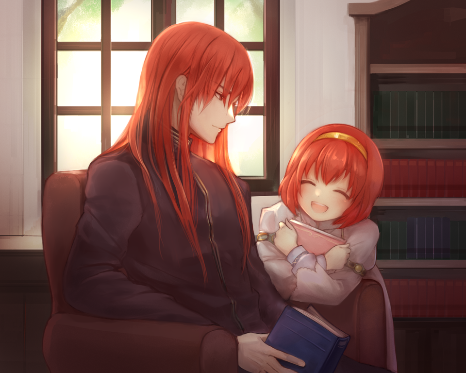 1boy 1girl :d armchair awning bad_id bad_pixiv_id black_coat book hugging_book bookshelf brother_and_sister chair coat dress closed_eyes eyes_visible_through_hair fire_emblem fire_emblem:_mystery_of_the_emblem hairband headband holding holding_book indoors long_hair long_sleeves looking_at_another maria_(fire_emblem) misheil_(fire_emblem) nintendo hugging_object open_book open_mouth potiko_(3110) red_eyes red_hair short_hair siblings sitting smile teeth tree upper_body white_dress window