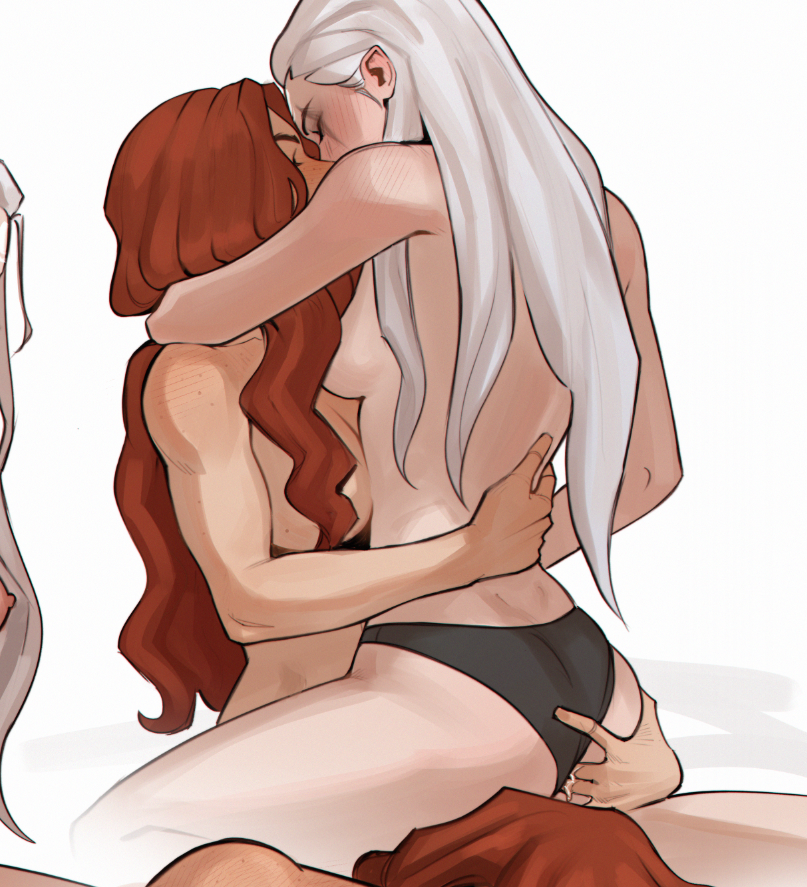 2girls arm_around_neck black_panties body_freckles breasts closed_eyes commentary diana_(league_of_legends) english_commentary fingering fingering_through_clothes fingering_through_panties freckles hand_on_another&#039;s_waist kiss large_breasts league_of_legends leona_(league_of_legends) long_hair medium_breasts multiple_girls panties paw_(286456) pussy_juice reach-around red_hair simple_background through_clothes topless_female underwear white_background white_hair yuri
