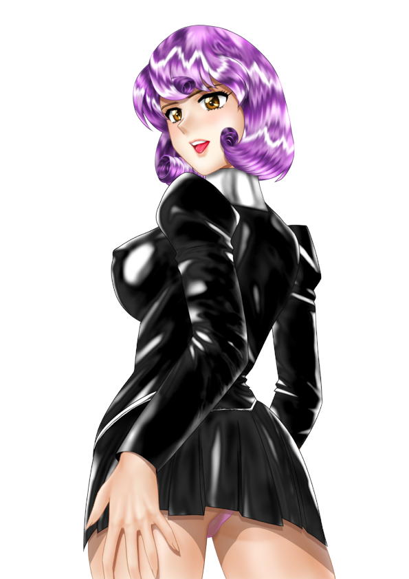 1girl agent_aika aika_(series) ascot ass black_delmo black_delmo_leader black_jacket black_skirt bob_cut breasts brown_eyes commentary_request delmogeny_uniform jacket juliet_sleeves long_sleeves medium_breasts open_mouth panties pink_panties pleated_skirt puffy_sleeves purple_hair short_hair skirt solo standing thighhighs underwear yuusuke_(ziyasu)