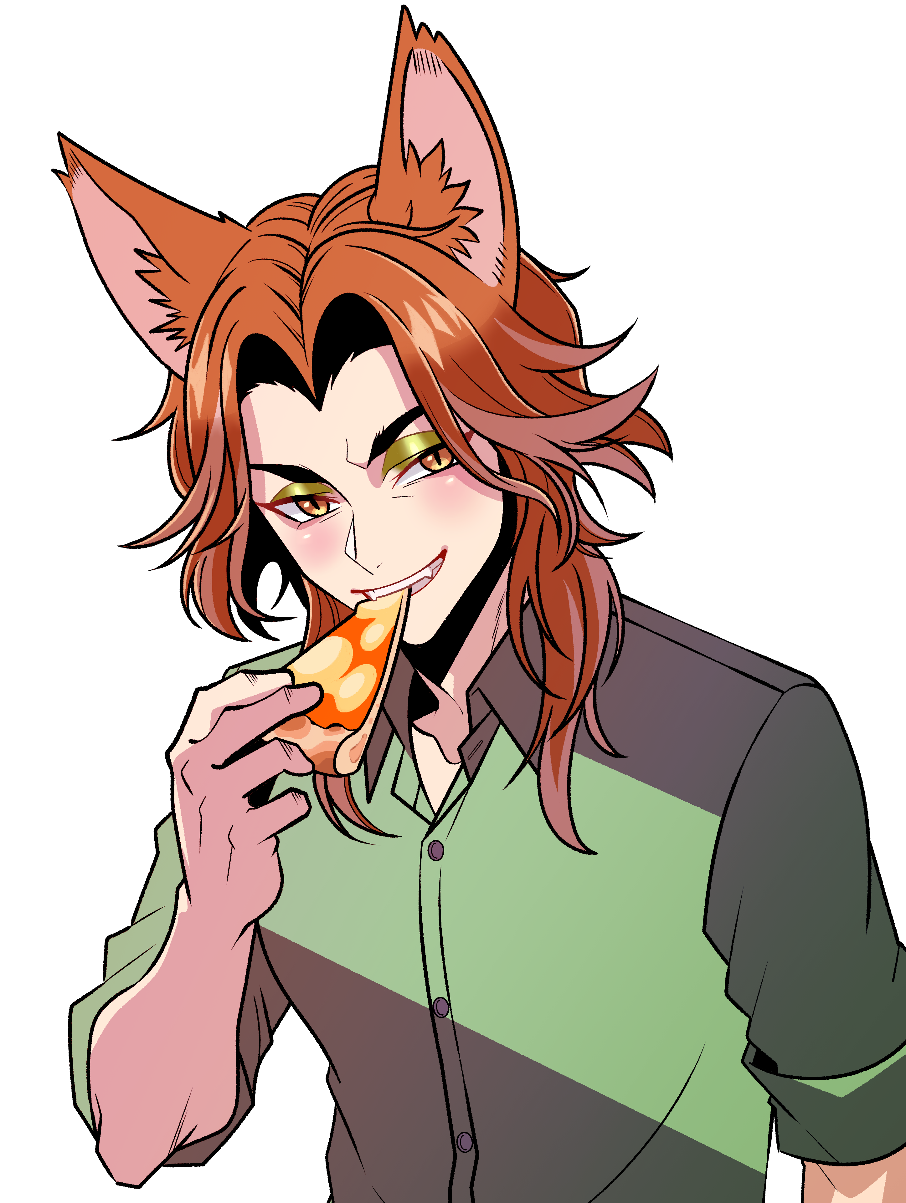 1boy absurdres animal_ears buttons collared_shirt cosplay eating eyeshadow fellow_honest food fox_boy fox_ears green_eyeshadow green_shirt highres holding holding_food holding_pizza looking_at_viewer makeup male_focus nick_wilde nick_wilde_(cosplay) oniongood117 orange_hair pizza pizza_slice shirt simple_background solo twisted_wonderland upper_body white_background zootopia