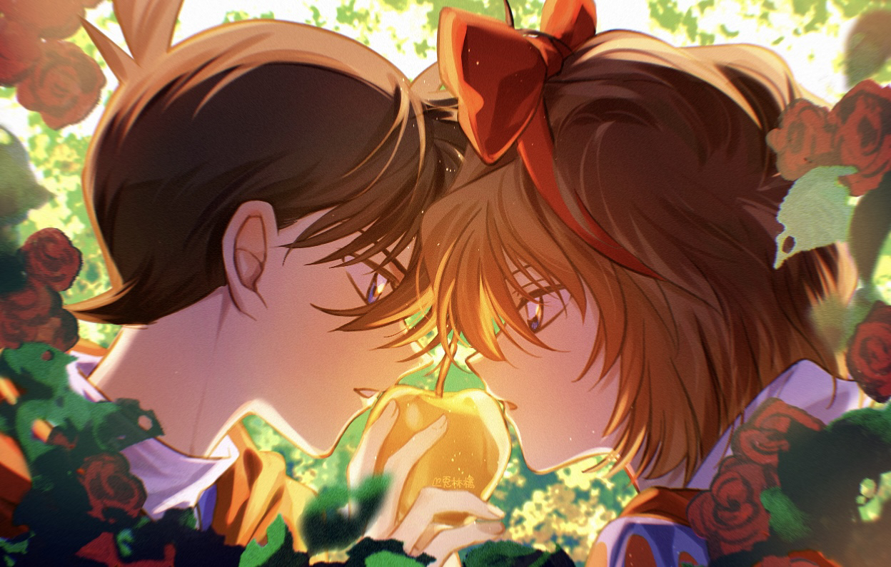 1boy 1girl alternate_costume apple black_hair blue_eyes brown_hair commentary_request cosplay edogawa_conan flower food from_side fruit golden_apple green_eyes haibara_ai holding holding_food holding_fruit kudou_shin'ichi looking_at_another meitantei_conan miyano_shiho profile red_flower red_rose rose short_hair snow_white_(disney) snow_white_(disney)_(cosplay) snow_white_and_the_seven_dwarfs the_prince_(disney) the_prince_(disney)_(cosplay) usagi_ringo