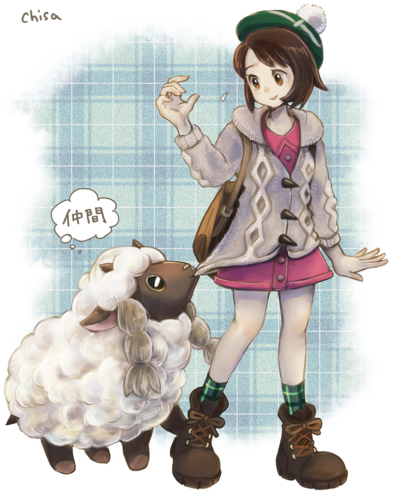 1girl bag black_eyes brown_eyes brown_hair colored_sclera gen_8_pokemon gloria_(pokemon) horns momomo12 nintendo pokemon pokemon_(creature) pokemon_swsh shoes sidelocks standing wooloo yellow_sclera