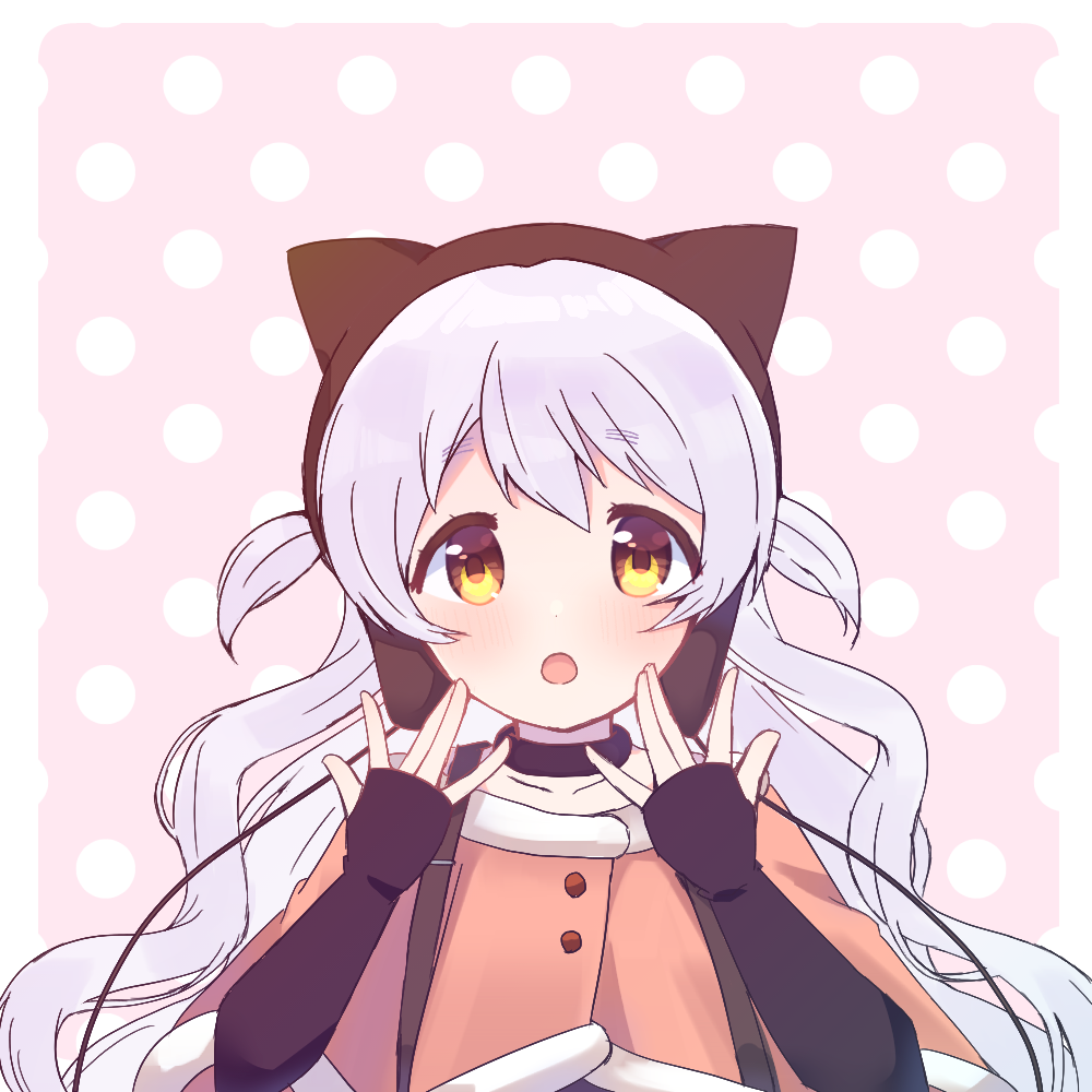 1girl animal_ear_headwear animal_ears beanie black_choker black_gloves border brown_hat buckle buttons capelet cat_ears choker collarbone commentary_request dot_nose earflap_beanie elbow_gloves eyelashes fake_animal_ears fingerless_gloves fur-trimmed_capelet fur_trim gloves grey_hair hair_through_headwear hands_on_own_chest hat light_blush long_hair magical_girl mahou_shoujo_madoka_magica mahou_shoujo_madoka_magica:_hangyaku_no_monogatari momoe_nagisa momoe_nagisa_(magical_girl) open_mouth orange_capelet outside_border pink_background polka_dot polka_dot_background ruru_(rurumagi) solo straight-on suspenders tareme two_side_up upper_body very_long_hair wavy_hair white_border yellow_eyes