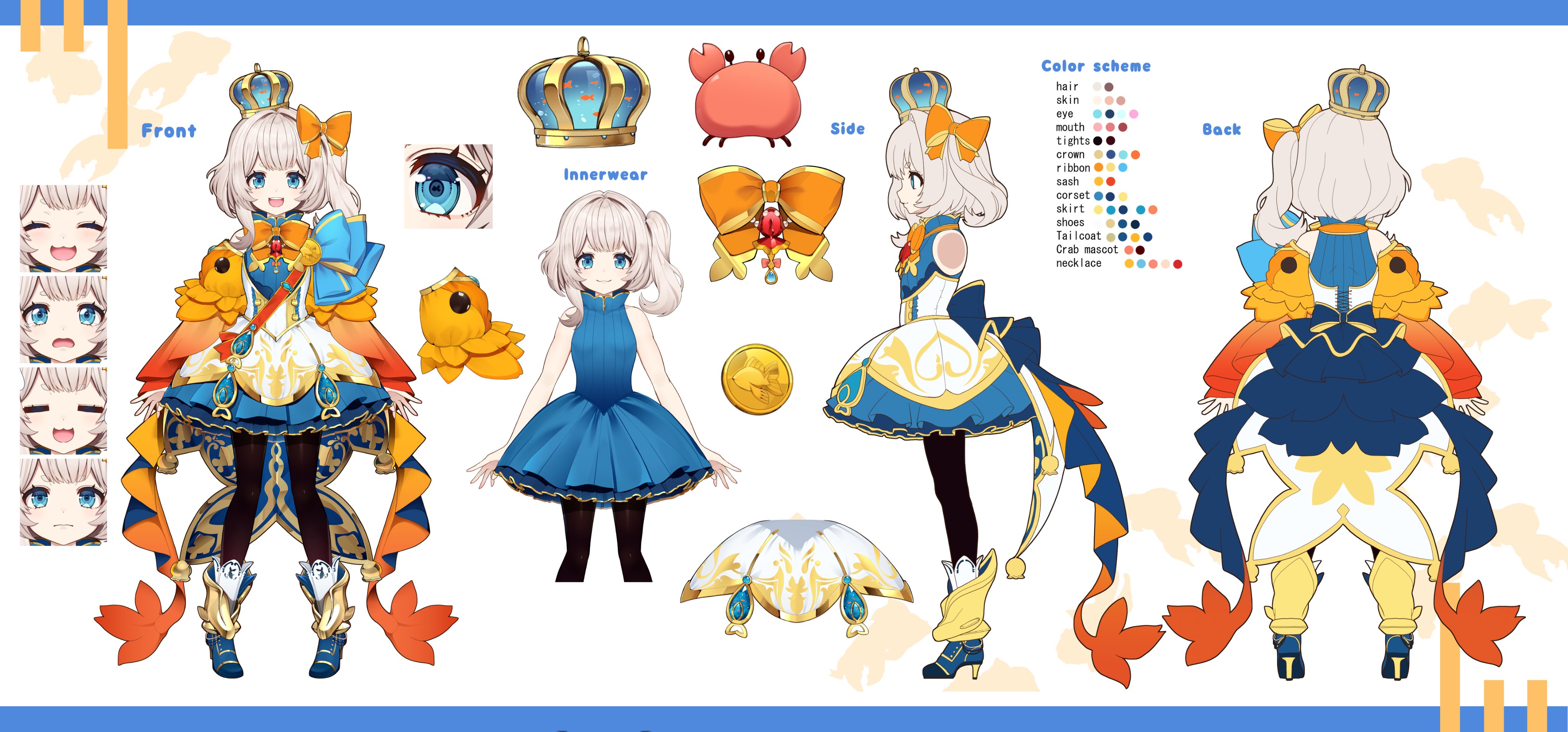 :d =_= absurdres asymmetrical_hair asymmetrical_sidelocks black_leggings blonde_hair blue_boots blue_bow blue_dress blue_eyes boots bow corset crown detached_sleeves dress embroidery fish frown gold_medal goldfish hair_bow happy high_heels highres leggings marimari_(vtuber) marimari_(vtuber)_(marimari_2.0) medallion medium_hair nejime official_art open_mouth orange_bow orange_sash phase_connect princess reference_sheet sad side_ponytail skirt smile thick_eyebrows vest virtual_youtuber white_corset white_skirt