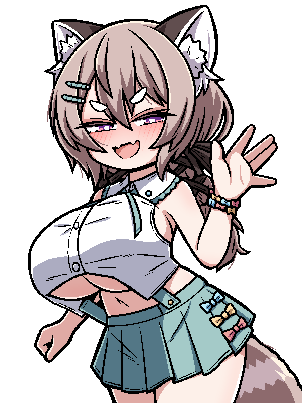 1girl alternate_breast_size animal_ear_fluff animal_ears bare_shoulders blue_bow blush bow bow_skirt bracelet breasts bright_pupils brown_hair brown_ribbon cowboy_shot dot_nose fangs green_shirt green_skirt hair_ornament hair_ribbon hairclip hand_up hashtag-only_commentary ink_(inksgirls) jewelry komachi_panko lace-trimmed_collar lace_trim large_breasts long_hair looking_at_viewer miniskirt navel no_bra open_mouth phase_connect pink_bow pink_eyes pleated_skirt raccoon_ears raccoon_girl raccoon_tail ribbon shirt short_eyebrows sideboob sidelocks simple_background skin_fangs skirt sleeveless sleeveless_shirt smile solo straight_hair suspender_skirt suspenders tail thick_eyebrows two-tone_shirt underboob very_long_hair waving white_background white_pupils white_shirt yellow_bow