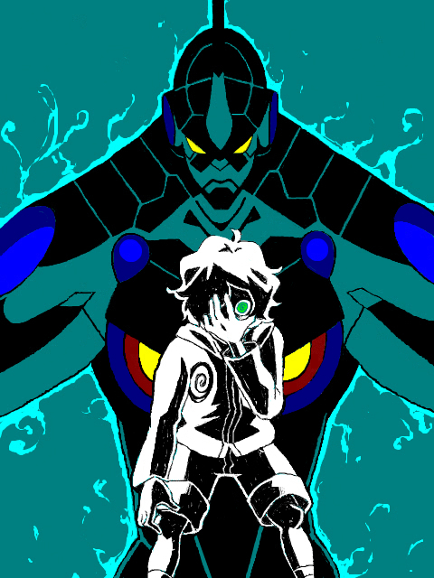 00s 1boy @_@ hand_over_face lazengann lordgenome mecha ringed_eyes robot tegaki tengen_toppa_gurren_lagann aged_down