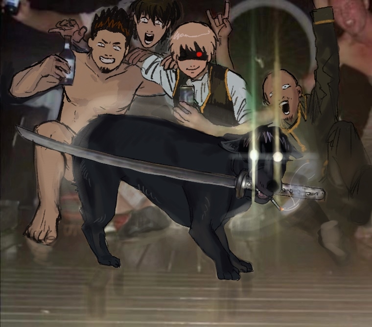 +_+ 5boys \n/ alcohol animalization arm_around_shoulder arm_up bald barefoot beard beer_can black_eyes black_hair black_jacket black_vest blonde_hair bottle brown_hair can character_request cigarette collarbone collared_jacket completely_nude constricted_pupils dark-skinned_male dark_skin dog_holding_sword_(meme) drink drink_can eyes_in_shadow facial_hair full_body gintama glowing glowing_eyes godzillapigeon1 grin hand_up happy hijikata_toushirou holding holding_bottle holding_can holding_drink holding_sword holding_weapon jacket katana kondou_isao long_sleeves male_focus meme mouth_hold multiple_boys mustache nude okita_sougo on_one_knee open_mouth photo_background red_eyes school_uniform shirt short_hair sketch smile smoke smoking squatting standing sword tears teeth vest weapon white_eyes white_shirt