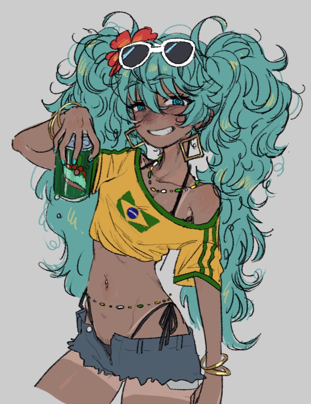 1girl belly_chain bikini blue_eyes blue_hair bra bracelet brazilian_flag brazilian_flag_print brazilian_miku breasts can commentary earrings exposed_pocket eyewear_on_head flag_print flower grin guarana_antarctica hair_flower hair_ornament hatsune_miku highres holding holding_can jewelry long_hair looking_at_viewer midriff nail_polish navel navel_piercing off_shoulder piercing short_shorts short_sleeves shorts side-tie_bikini_bottom small_breasts smile solo sunglasses swimsuit symbol-only_commentary tan tanline twintails underwear ushitaberu very_long_hair vocaloid